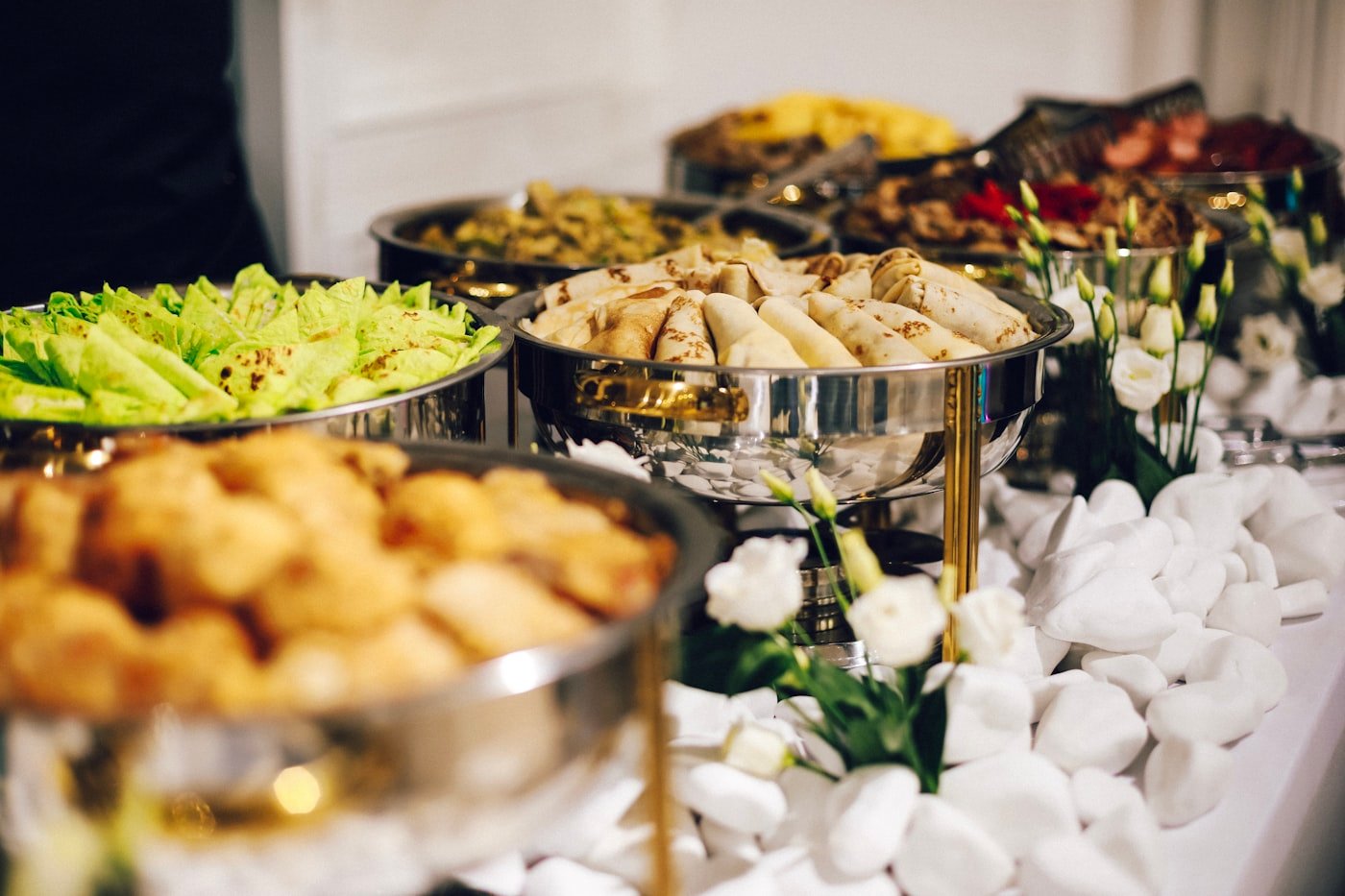 Elegant catered vegetarian banquet spread at a Mumbai event