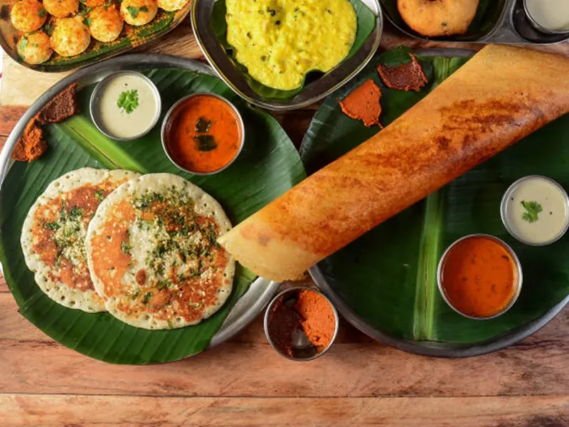 South Indian feast with dosa, idli and chutneys
